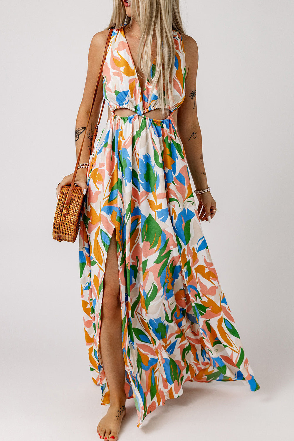 Printed Cutout Tied Plunge Maxi Dress with Split