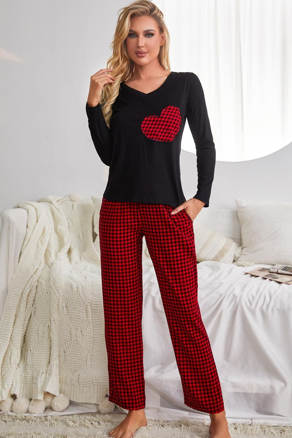 Plaid Heart Graphic V-Neck Top and Pants Lounge Set