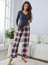 Load image into Gallery viewer, Buttoned Long Sleeve Top and Plaid Pants Lounge Set
